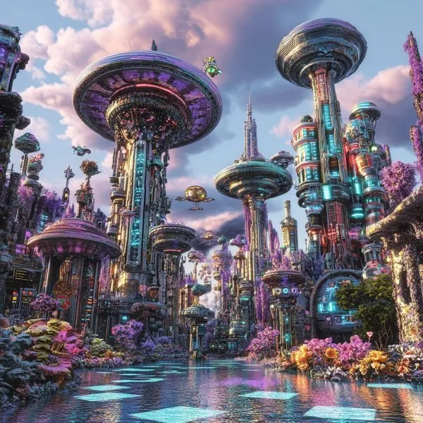 Инопланетный пейзаж: ретро-футуристическая фантазия в 3D. Нейросеть Midjourney