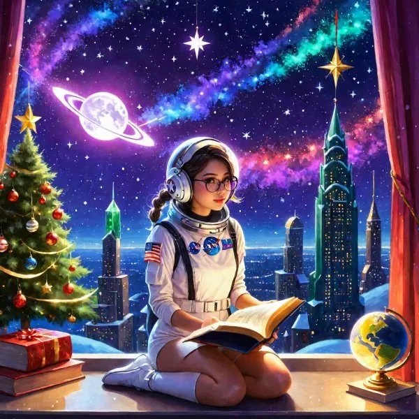 Ностальгия по восьмидесятым: космос, книги и праздничные огни в акриловой живописи. Нейронная сеть Stable Diffusion