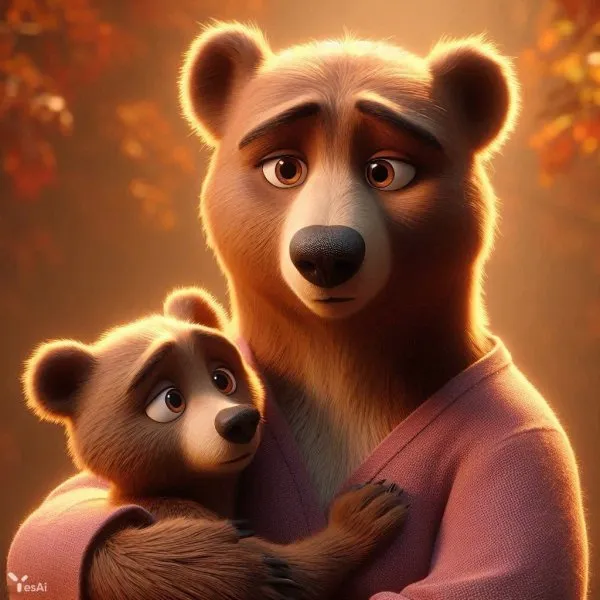 Нежная медведица: заботливый взгляд и осенняя грусть в стиле Pixar и Disney. Изображение из нейросети Dalle