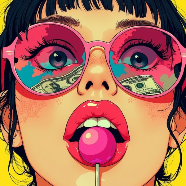 Яркие губы, деньги и леденец: игривый образ в стиле Марио Тестино для Instagram сторис. Картинка из нейросети Flux.1