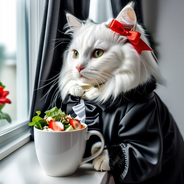 Сладкая кошка с длинными волосами и кофе в руке. Генерация из нейросети Stable Diffusion