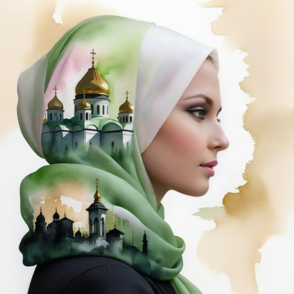 Девушка в белом шарфе: силуэт на фоне храмов в стиле туши. Нейронная сеть Stable Diffusion