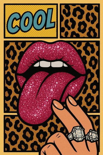 Яркие губы и бриллианты в стиле поп-сюрреализма с отсылками к Rolling Stones и уличной моде. Изображение из нейросети Sora