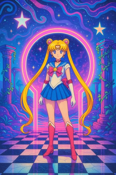 Мечты о космосе: Sailor Moon в неоновом мире ретро-фантазий и психоделических галактик. Нейросеть Sora Image