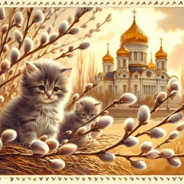 Весенняя Россия на старинной открытке: котята среди золотых куполов. Картинка из нейросети Dalle