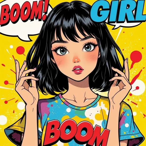 Яркий поп-арт: дерзкая девушка в цветном топе с надписью boom и смелыми акцентами. Генерация из нейросети Flux Ai
