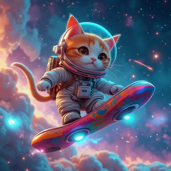 Космический кот на доске: невероятное приключение в галактике. Картинка из нейронной сети Flux Ai