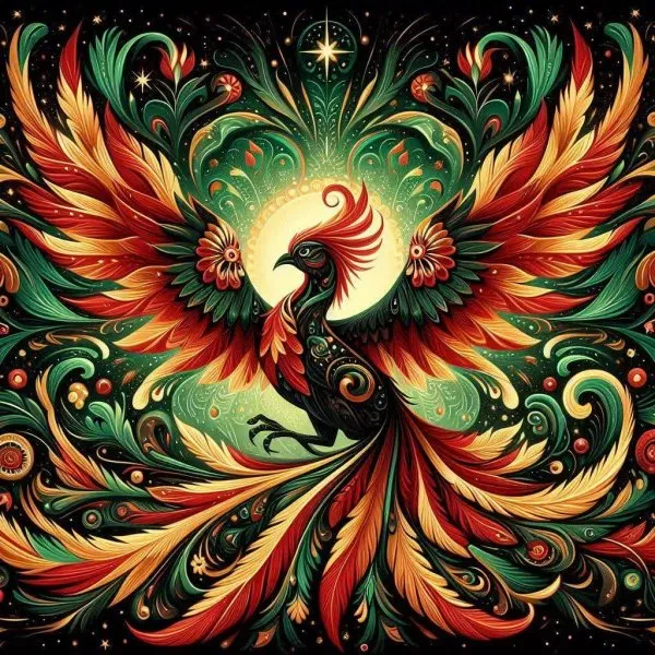 Феникс в хохломе: символ возрождения и русской сказки. Картинка из нейронной сети Далли 3