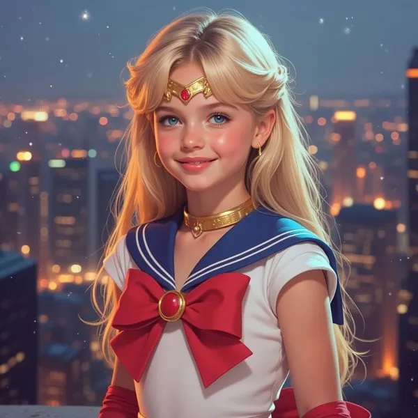 Волшебная девочка: Sailor Moon в городском свете вечера. Картинка из нейросети Flux.1