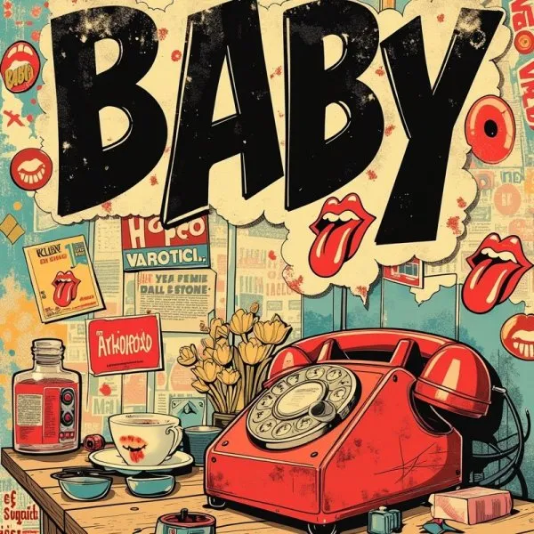 Ретро-коллаж для футболки: детство, поп-готика и ностальгия по Rolling Stones. Картинка из нейронной сети Flux