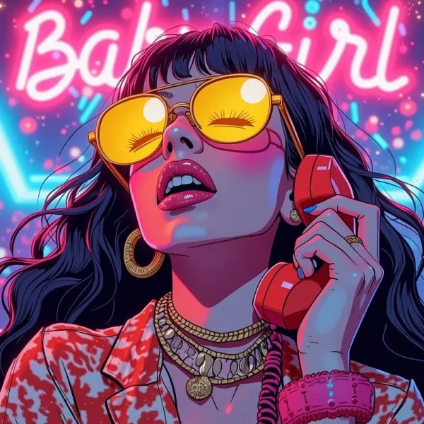 Неоновый блеск: дерзкий образ в стиле поп-арт с надписью baby girl и Gangsta Grillz. Генерация из нейронной сети Flux 1