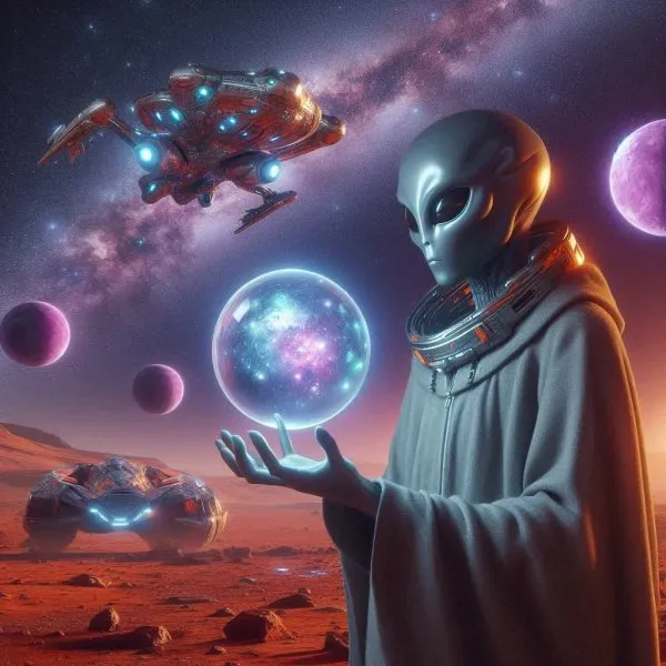 Космическая одиссея: инопланетный гость и мерцающие миры на Марсе. Изображение из нейросети Dalle-3