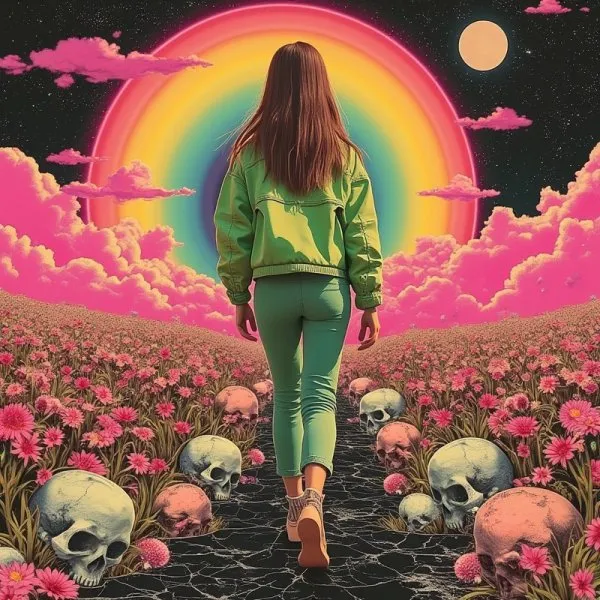 Девушка на Луне в зелёной куртке: ретро-постер в стиле celestialpunk. Картинка из нейросети Flux
