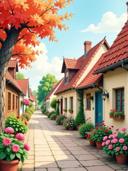 Сказочная улица в стиле наивного искусства и акварельного коттекора. Картинка из нейронной сети Flux 1