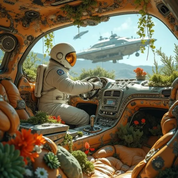 Марсианский сад будущего: космонавт и футуристический автомобиль с суккулентами. Нейронная сеть Flux 1