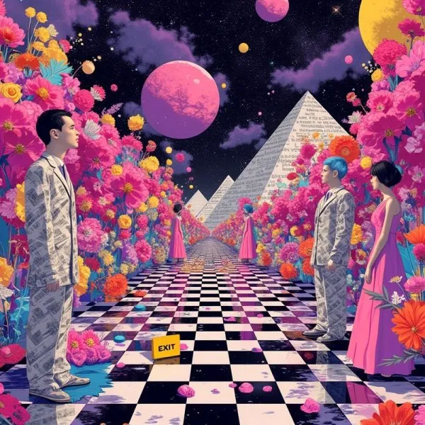 Сюрреалистичный коллаж в стиле vaporwave: цветы, деньги и галактика отражений. Нейронная сеть Flux Ai