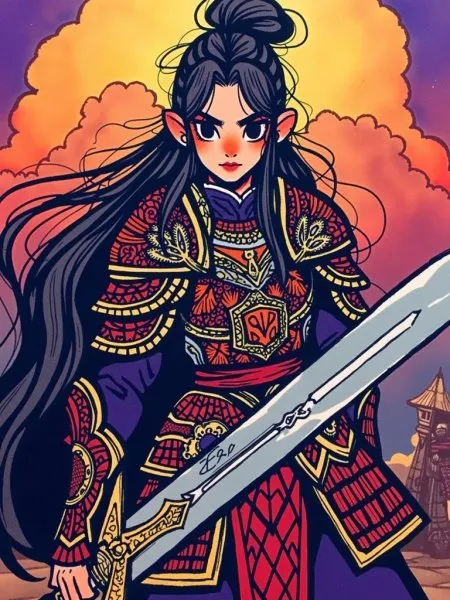 Воинственная иллюстрация в стиле Inkblush: Эра 2000-х и героическая битва на поле боя с золотой филигранью. Генерация из нейронной сети Flux Ai