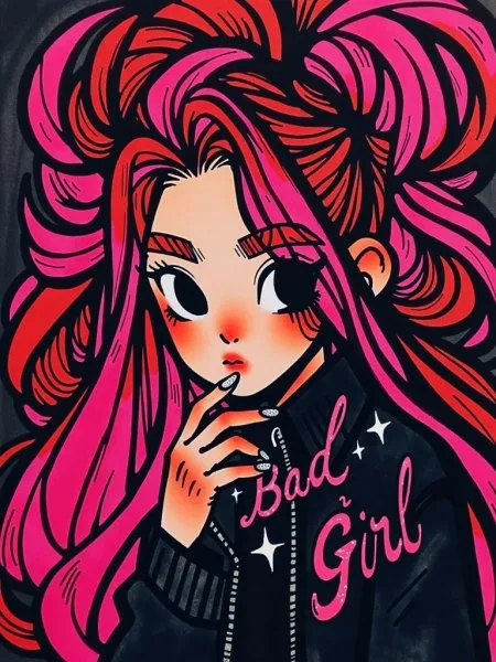 Неоновая красотка: портрет в стиле инди-иллюстрации 2000-х с эффектом Bad Girl. Картинка из нейросети Flux.1
