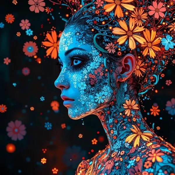 Неоновые отражения и биолюминесцентные тайны: фотореалистичный этюд в стиле Караваджо и Мухи. Генерация из нейронной сети Flux.1