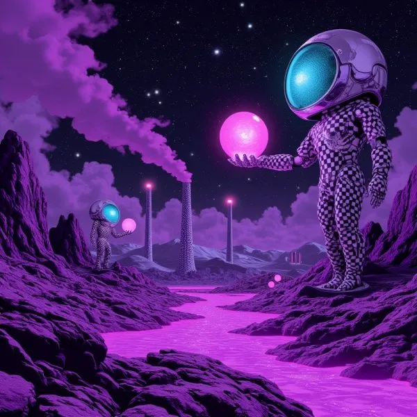 Загадочный пейзаж инопланетной цивилизации в стиле vaporwave. Изображение из нейросети Flux