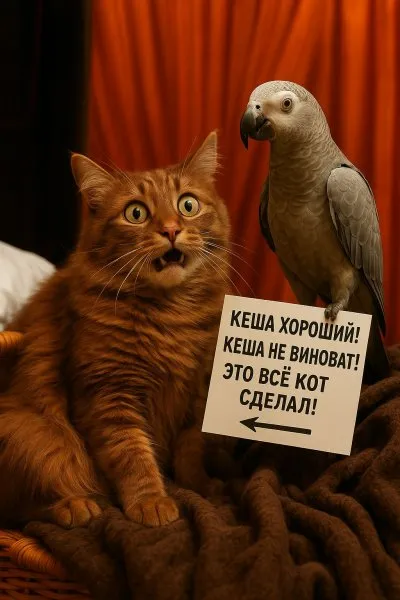 Попугай берет вину на себя: коварные проделки пушистого злодея и птичьи оправдания. Генерация из нейронной сети Sora