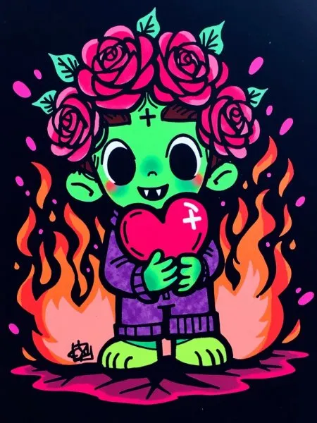 Неоновый персонаж: огонь, граффити и инди-иллюстрация в стиле Inkblush. Картинка из нейронной сети Flux 1
