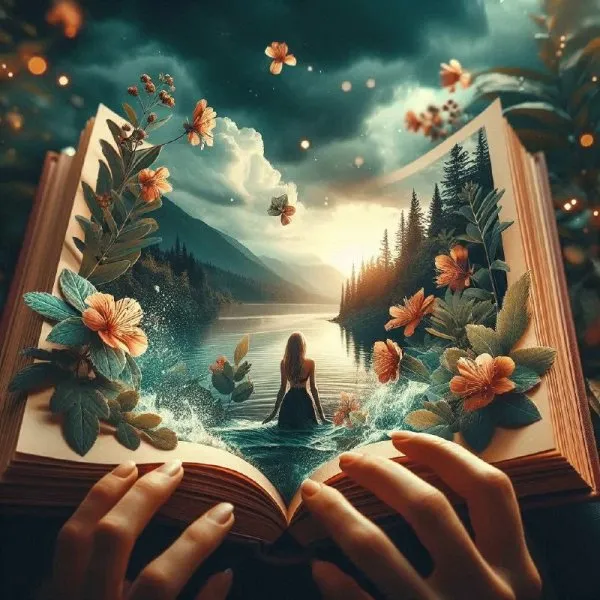 Прозрачная книга: берег реки в объятьях звёздного коллажа и нежной красоты. Изображение из нейросети Dalle