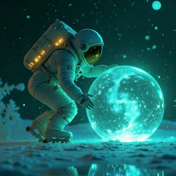 Космический роллер – танец среди звезд и снежинок. Изображение из нейросети Flux