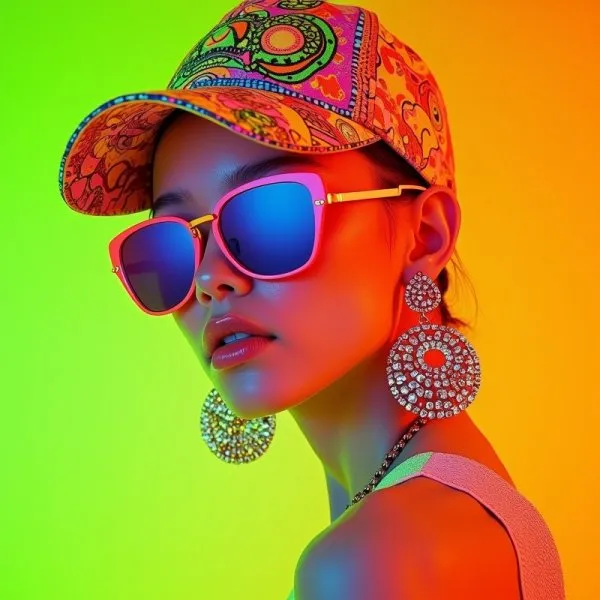 Яркий образ: неоновый взрыв в стиле Prada и игривый макияж. Генерация из нейросети Flux Ai