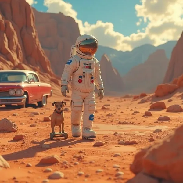 Марсианская прогулка: космонавт и старый автомобиль в стиле Pixar. Изображение из нейронной сети Flux Ai
