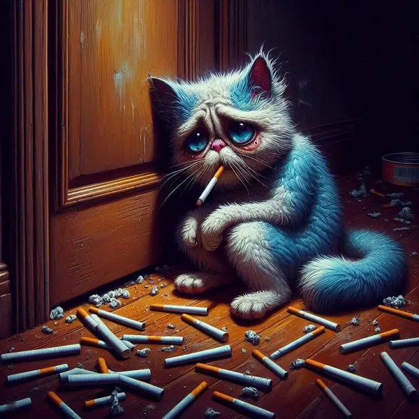 Кошачий блюз: нелепая карикатура в стиле поп-сюрреализма с маслом. Нейросеть Далли 3
