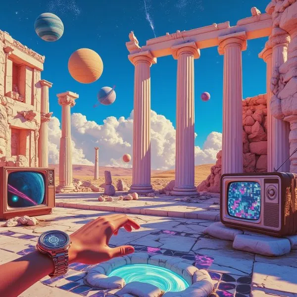Неоновый храм: колонны, планеты и ретро-эстетика в стиле vaporwave. Картинка из нейронной сети Flux 1