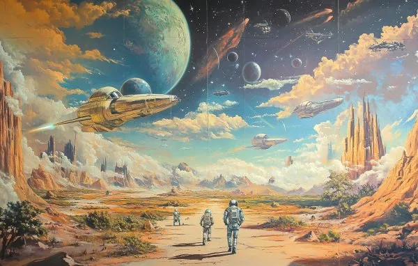 Инопланетный пейзаж с космическими кораблями и скафандрами на стене. Генерация из нейросети Миджорни