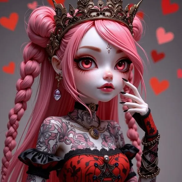 Принцесса в стиле Monster High: гиперреалистичный концепт-арт с розовыми косами. Нейросеть Flux Ai
