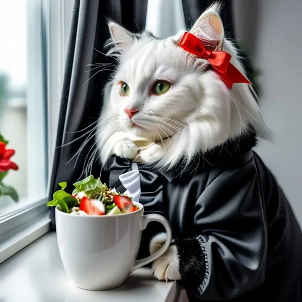 Сладкая кошка с длинными волосами и кофе в руке. Генерация из нейросети Stable Diffusion