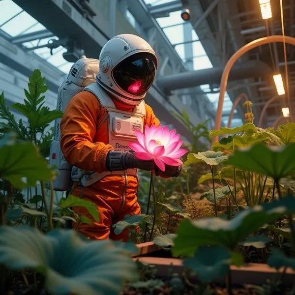 Марсианская ферма будущего: космонавт и розовый лотос в оранжевом скафандре. Генерация из нейросети Flux.1