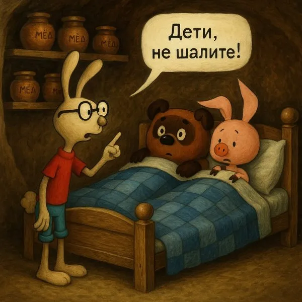 Непослушные дети и медвежья берлога: семейная сцена. Нейросеть Sora Image