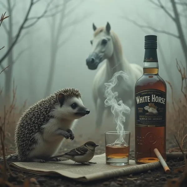 Загадочный ёж и туманное приключение в стиле White Horse. Нейросеть Flux