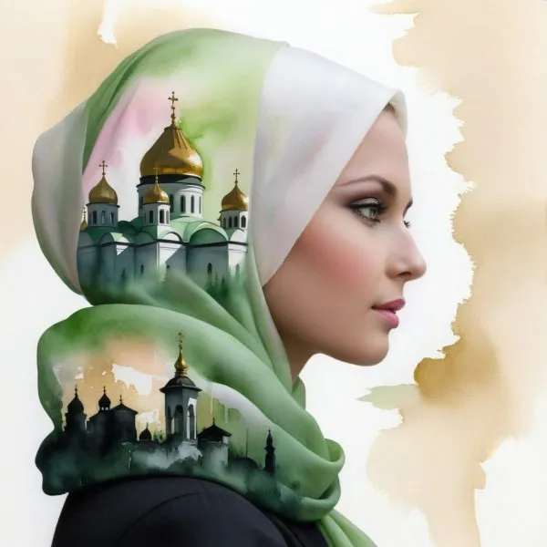 Девушка в белом шарфе: силуэт на фоне храмов в стиле туши. Нейронная сеть Stable Diffusion