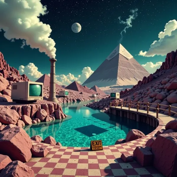 Неоновый храм в стиле vaporwave: инопланетный пейзаж и ретро-технологии. Изображение из нейросети Flux 1