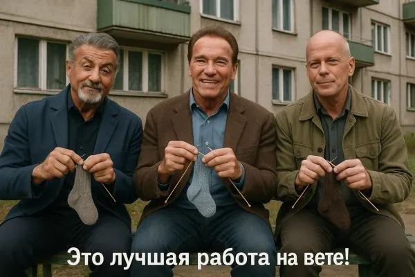 Звёздные вязальщики: неожиданный отдых легенд в советском дворе. Картинка из нейросети Sora images Ai