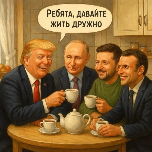 Неожиданная встреча: мировые лидеры за чашкой чая и призывом к миру. Генерация из нейронной сети Sora Image