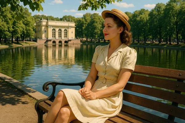 Летний день на Патриарших прудах в стиле ретро тридцатых годов. Изображение из нейронной сети Sora Ai Images