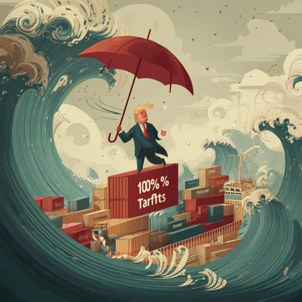 Тарифы против цунами: комичный взгляд на экономическую войну Трампа с Китаем. Генерация из нейросети Midjourney
