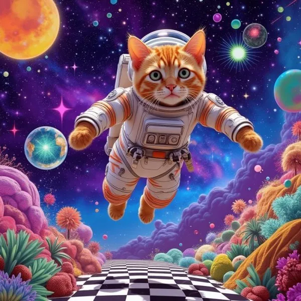 Космический кот: сюрреалистичная одиссея в ярких красках и футуристических снах. Нейронная сеть Flux Ai