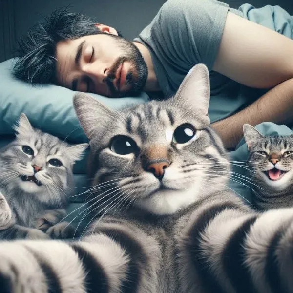 Коты устроили селфи с хозяином во время сна: забавная фотография. Генерация из нейросети Dalle 3