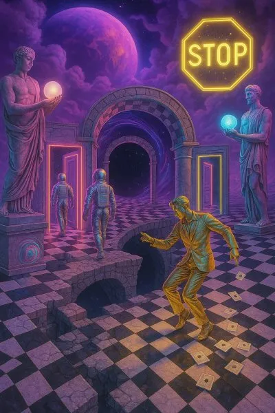 Загадочный мир: vaporwave фантазии инопланетного ландшафта в стиле David Jea. Картинка из нейронной сети Sora