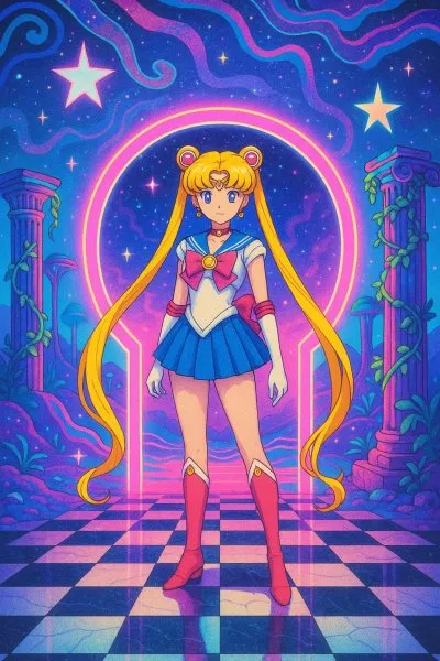 Мечты о космосе: Sailor Moon в неоновом мире ретро-фантазий и психоделических галактик. Нейросеть Sora Image