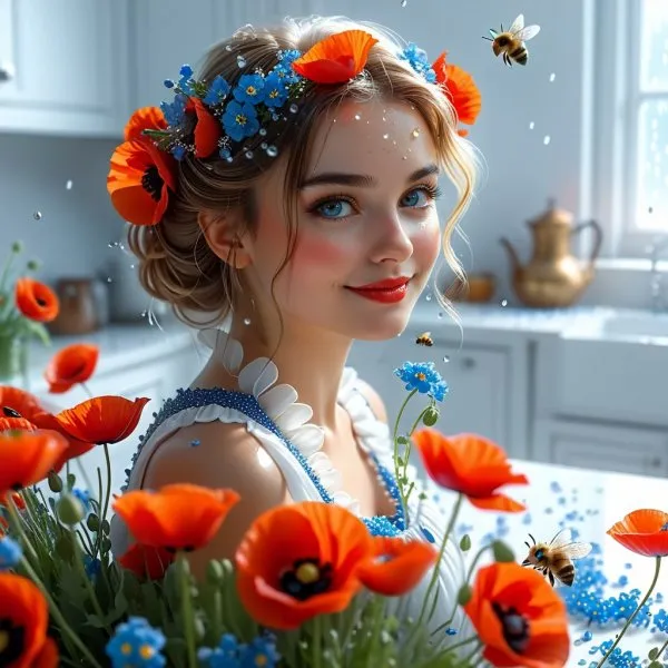 Сладкий миг: фея с маками в белоснежной кухне и волшебным дождём. Картинка из нейронной сети Stable Diffusion