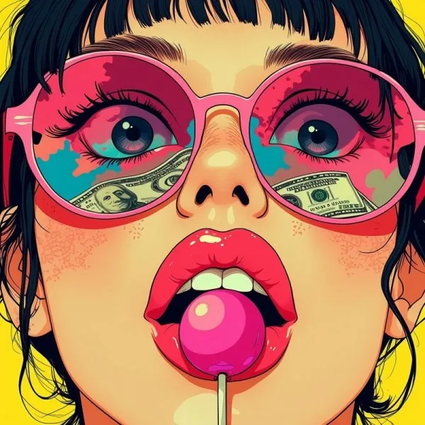 Яркие губы, деньги и леденец: игривый образ в стиле Марио Тестино для Instagram сторис. Картинка из нейросети Flux.1